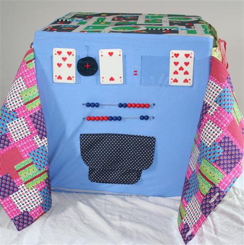 Ein Plus- oder Minuszeichen zum Drehen, Rechenschieber und eine Tasche f&uuml;r die Zahlenkarten. 